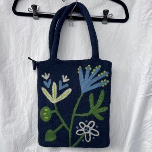 Klippan Swedish Made Alma Blue 100% Felted Wool Handmade Zippered Tote Bag Purse